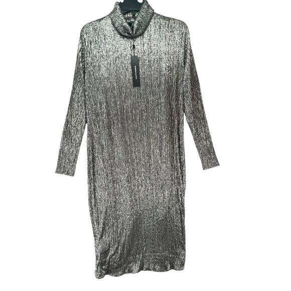 BCBGMAXAZRIA Midi Dress Large Gunmetal Glitter Mesh Bodycon Evening Glamour NEW - Picture 2 of 16